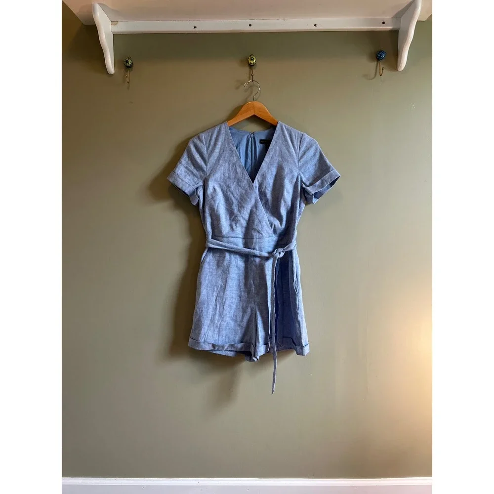 Banana Republic Womens Blue Linen Blend Chambray Wrap Romper Size 4 Short Sleeve